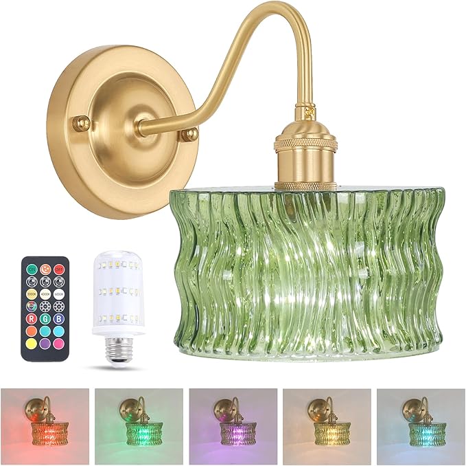 Battery Operated Wall Sconce, Vintage Rechargeable Wall Lights with Green Ripple Glass Shade, Wireless Indoor Wall Lamp with Remote for Bedroom Living Room Bathroom Hallway
