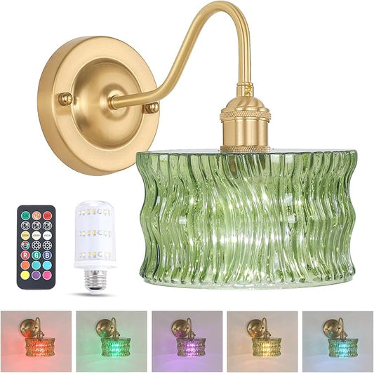 Battery Operated Wall Sconce, Vintage Rechargeable Wall Lights with Green Ripple Glass Shade, Wireless Indoor Wall Lamp with Remote for Bedroom Living Room Bathroom Hallway