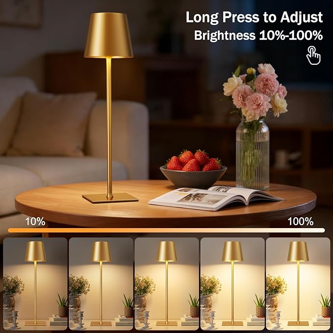 Gold Cordless Rechargeable Table Lamp, 4 Pack Portable Desk Lamp with 5000mAh Battery, Touch Control Stepless Dimming, Wireless Night Light for Dining, Outdoor Camping, Coffee Shop, Waterproof Design