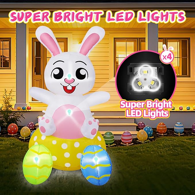 B&D 4FT Easter Inflatables Outdoor Decorations, Blow Up Inflatable Bunny Sits on Colorful Eggs Built-in LED Lights Happy Easter Yard Decorations for Holiday Party Indoor Outdoor Garden Lawn Decor