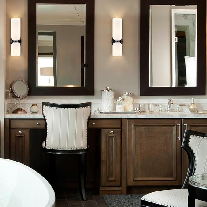 Modern Wall Light Black Wall Sconces Set of Two 2-Light Modern Wall Light Matt Black lamp Body Bathroom Vanity Milky White Glass Light Shade for Bathroom Living Room (Black)