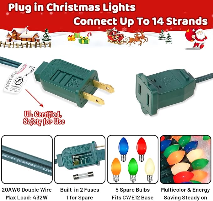 50 Feet C7 LED Christmas Lights Outdoor Multicolor Christmas Lights with 50 + 5 LED C7 Bulbs - for Holiday Xmas Decorations - Light Up House Stairs Porch Tree Yard Decor, Energy Efficient 0.6W = 7W