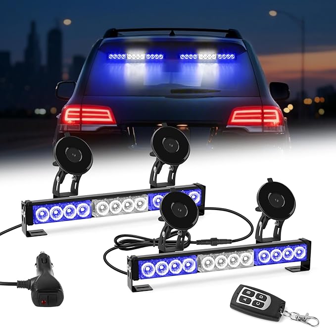Blue White LED Emergency Lights for Vehicles First Responder Strobe Lights Bar for Firefighters Police Trucks Blue and White 23 Flash Patterns 2pcs 12.8 inch Wireless Remote Control Warning Lights