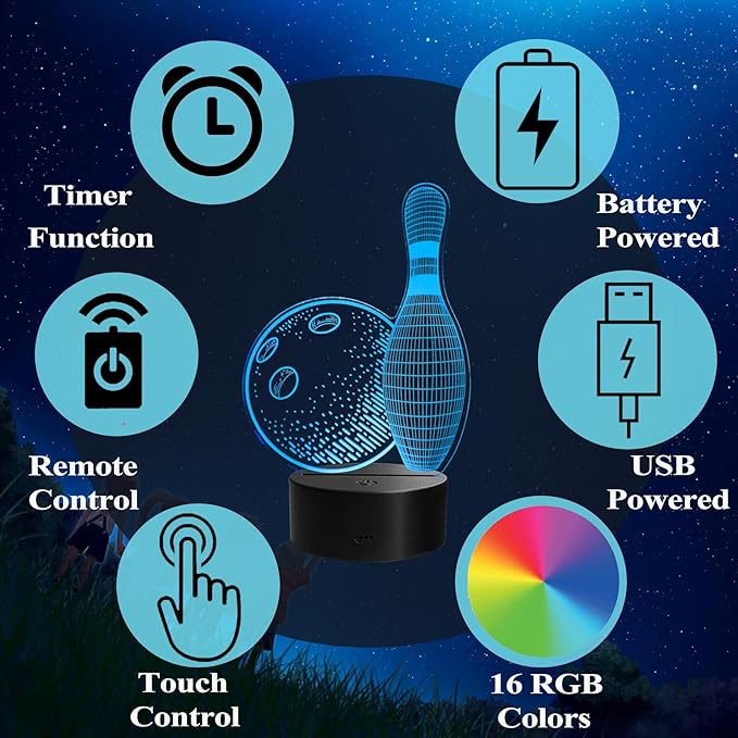 Bowling Night Light, Bowling Gifts, 3D Night Light with Remote Control, 16 RGB Colors, 4 Flashing Modes, Timer, Bowling Room Decor