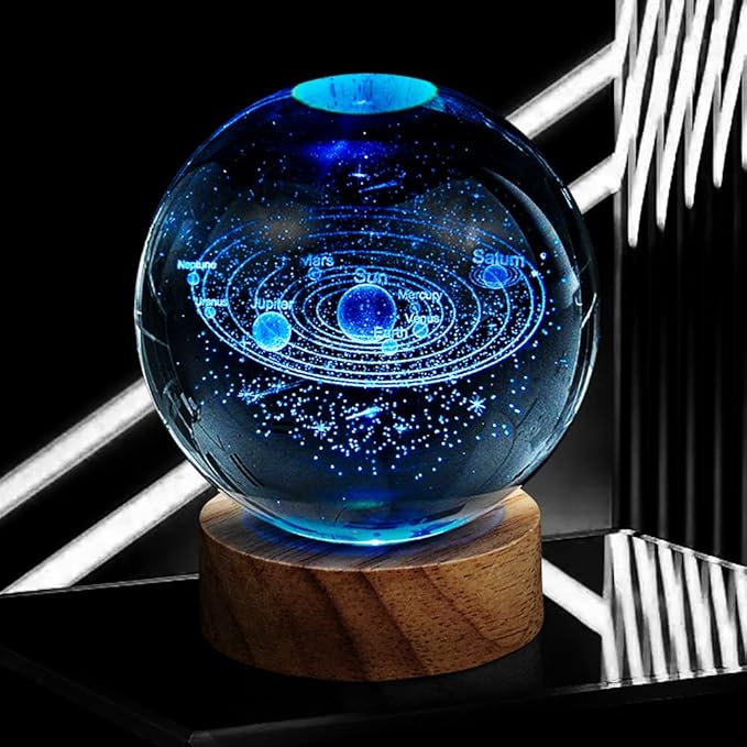 3D Solar System Crystal Ball Night Light with 16 Color LED Wooden Base, Upgraded 3.15 Inch Galaxy Planets Glass Ball Lamps with Remote for Birthday Christmas, Astronomy Space Gifts for Boys Girls