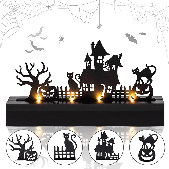 Halloween Table Decor Led Lights Silhouette Decoration Metal Horror Pumpkin Battery Operated Indoor Decoration for Tabletop,Party, Home, Window
