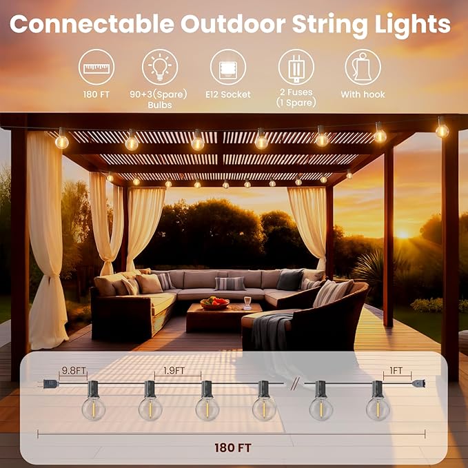 RTTY Dense-Glow Outdoor String Lights 180ft, G40 Led Patio Globe Lights with 93pcs Bulbs,Shatterproof Waterproof Connectable Hanging for Porch Cafe Bistro Backyard Gazebo Balcony Deck Party
