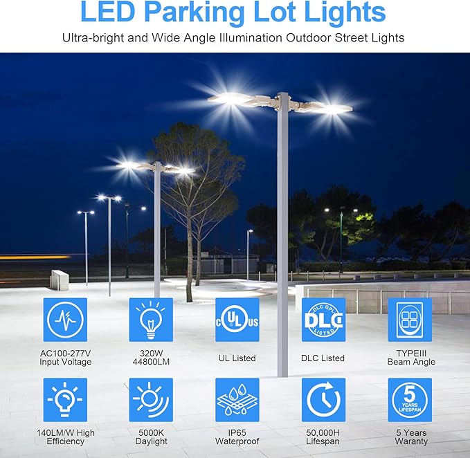 LED Parking Lot Light 320W UL Listed 44800LM Led Shoebox Pole Light Fixture Round & Square in One Mount 1000W HID/HPS Replacement 5000K IP65 AC100-277V 10KV Surge Outdoor Commercial Area Lighting
