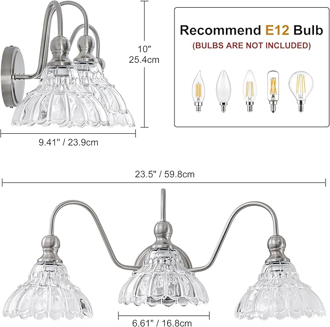 Vintage Bathroom Light Fixtures Over Mirror, 3-Light Brushed Nickel Wall Sconce Lighting with Flower Glass Shade, Farmhouse Vanity Lights for Bedroom Kitchen Living Room Hallway Light