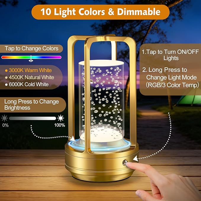 Portable Table Lamp for Outdoor Indoor: Cordless Rechargeable Desk Lamp with 3 Color Stepless Dimmable - Metal Battery Operated Lantern Light for Bedroom/Bar/Coffee Shop/Camping (Gold Bubble+RGB)