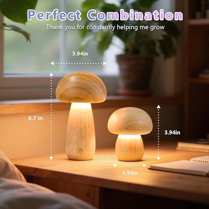 Mushroom Night Lights Rechargeable, Cordless Wooden Mushroom Table Lamps, Portable Desk Lamps for Bedroom, Studyroom, Living Room, Office, Birthday Gifts
