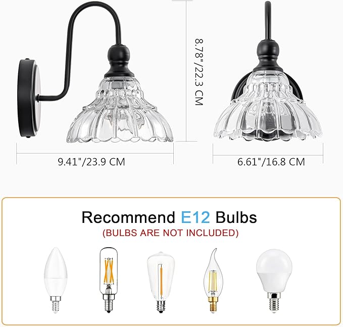 Vintage Bathroom Light Fixtures Over Mirror, 1-Light Black Wall Sconce Lighting with Flower Glass Shade, Farmhouse Vanity Lights for Bedroom Kitchen Living Room Hallway Light