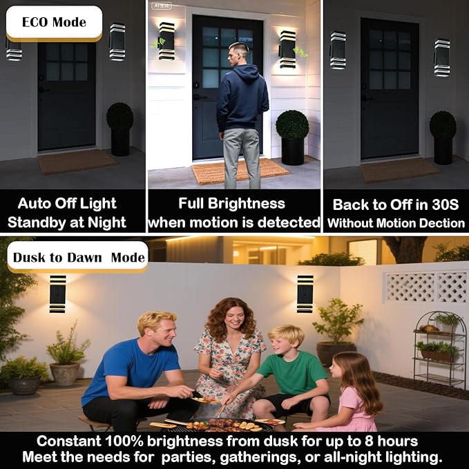 Dusk to Dawn Motion Sensor Porch Light with 3 Lighting Modes, Waterproof Up Down Wall Sconce with Adjustable Bulbs, Aluminum Exterior Light Fixtures for Entryway, Patio, Garage,ETL Listed
