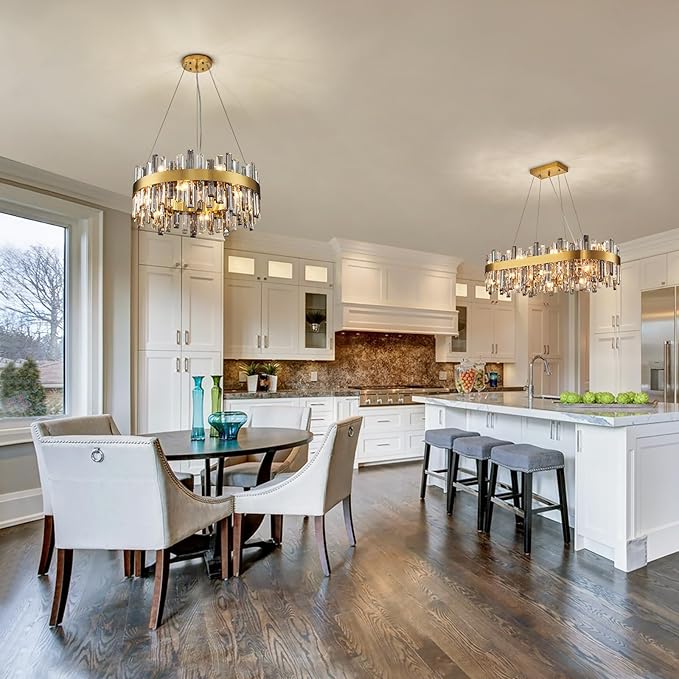 Siljoy Modern Crystal Chandeliers, 12 Lights Brass Gold Raindrop Crystal Chandelier Lighting, Adjustable Hanging Pendant Light Fixture for Dining Room Living Room Kitchen Island D23.6''