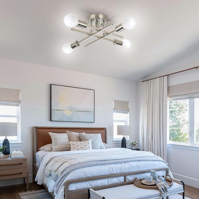SunRider Industrial 4-Light Semi Flush Mount Ceiling Light Fixture, Brushed Nickel Indoor Farmhouse Lamp, Rustic Sputnik Chandelier for Kitchen, Large