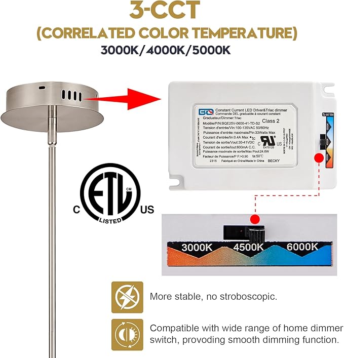 Nickel Modern LED Chandelier, Dimmable 4 Lights Ceiling Pendant Lighting for Dining Room Living Room Kitchen Island Bedroom Foyer 3000K/4000K/5000K 3CCT Selective, 27.76in