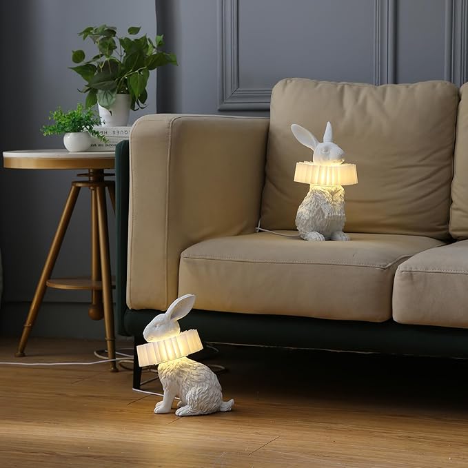 White Rabbit Lamp,Resin Crafted Scarf Bunny Table Lamp Featuring White Pleated PC Lampshade,USB Plug, Energy-Efficient Kids Nightstand Lamp
