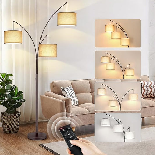OUTON Floor Lamp with Remote Control, Modern Bright Lamps for Living Room, Adjustable 3-Light Tall Arched Lamp for Bedroom, Office, 2400lm Mid Century Design with Hanging Shade