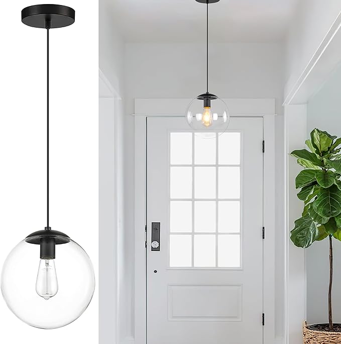 KoKo&Yukina 6-inch mini Modern Globe Pendant Light Clear Glass with Black Finish Contemporary Mid Century Adjustable Hanging Light Fixture for Living Room Bedroom Kitchen Island (Bulb Incl.)