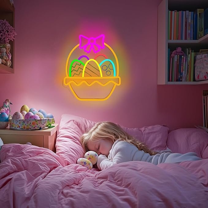 Easter Eggs Neon Signs for Wall Decor, Easter Egg Baskets with Bow Decorations Gifts, USB Dimmable LED Neon Lights Sign Party Decor for Bedroom Window Door Yard Bar Classroom Church