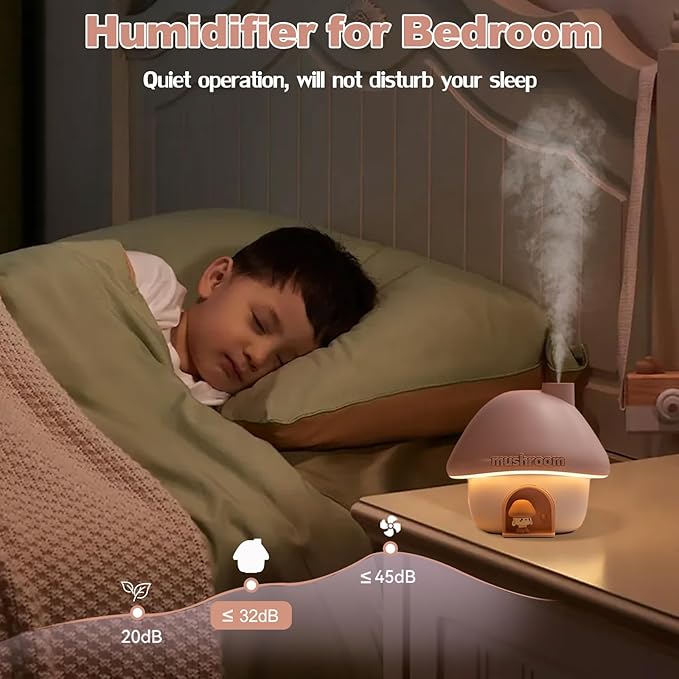 Humidifier for Bedroom, 300ML Cute Mushroom Humidifier with Night Light & 6 Colors Sunset Lamp Projection, Rechargeable Cool Mist Small Humidifier, Mini Humidifier Gifts for Kids Boys Girls (Pink)