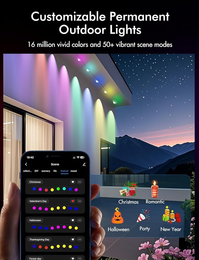 Permanent Outdoor Lights, Smart RGB+IC Lights Outdoor (Multi Scene Modes), 55ft with 36 LED Lights, IP67 Waterproof for House Decor, Work with Alexa, Google Assistant, Quick Installation
