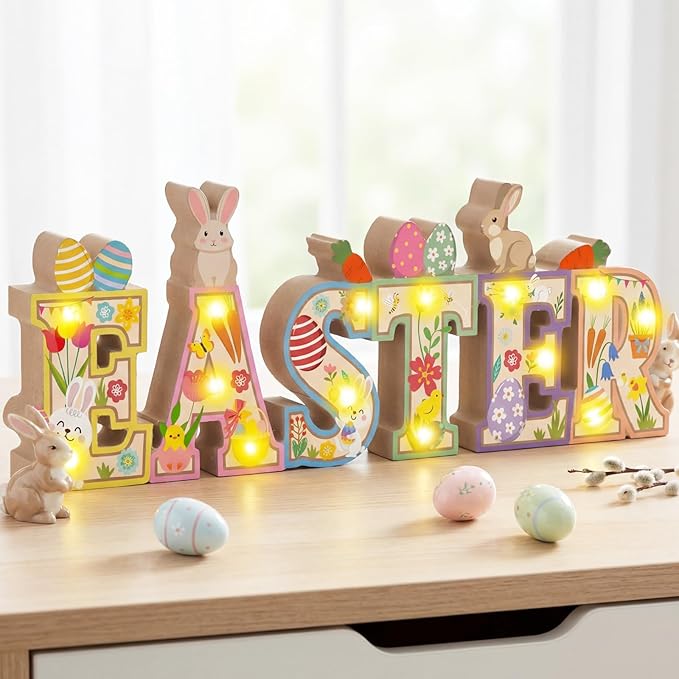 Patelai Easter Table Decoration Wooden Sign with LED Lights Easter Lighted Decor Rustic Farmhouse Table Centerpiece with 3D LED Bunny Egg Flower Tiered Tray Home Party Spring Decor (Without Batteries)