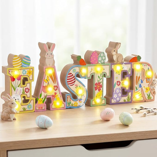 Patelai Easter Table Decoration Wooden Sign with LED Lights Easter Lighted Decor Rustic Farmhouse Table Centerpiece with 3D LED Bunny Egg Flower Tiered Tray Home Party Spring Decor (Without Batteries)