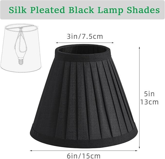 6 Pack Black Silk Pleated Chandelier Shades, 3" Top x 6" Bottom x 5" High, 3x6x5 Inch Clip On E12 Bulb, Pendant Light Wall Sconce Lamp Shades, Silk-Pleat Handmade Barrel Lampshade Covers(Small Size)