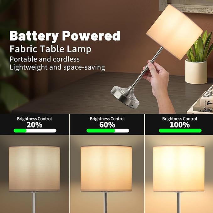 Portable Cordless Table Lamp,Built-in 5200mAH Rechargeable Battery, Dimmable Touch Wireless Light, Bed Side Metal Desk Lamp，Restaurant/Bedroom/Bar/Coffee/Night Light (Brushed Nickel)