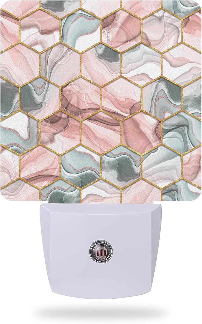 Night Light,Hexagon Golden Gray Red Marble Night Lights Plug into Wall for Boys Girls Bedroom Decorative Half Round Nightlight Led Lamp 0.5W Sleep Friendly