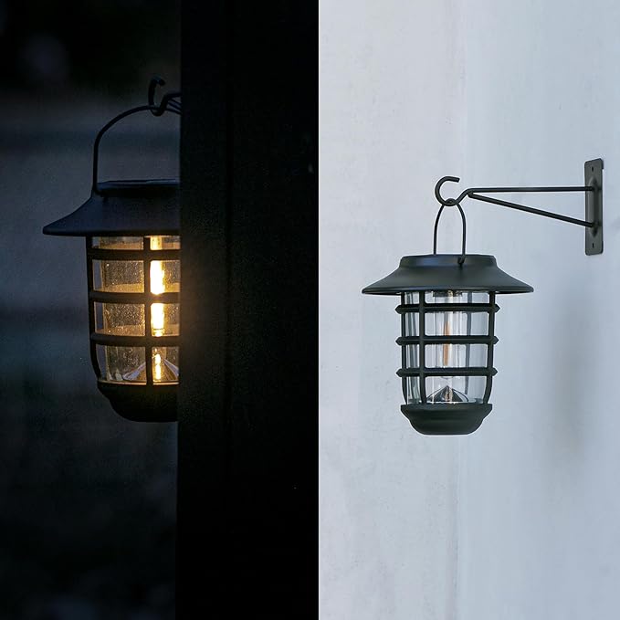 Home Zone Security 2-Pack Solar Wall Hanging Lights LiFePO4 Battery 3000K Warm 20lm Up to 12 Hours Dawn Motion Sensor Auto, IP65 Waterproof, No Wiring Required, Aluminum and Glass Construction