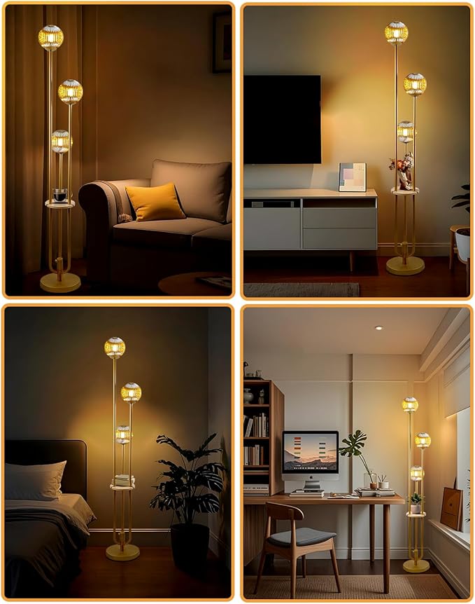 Lightdot Glass Floor Lamp with Shelf, 63IN Dimmable Mid Century Modern Gold Standing Lamps with 3 3000K Bulbs Included, Globe Floor Lamp for Living Room/Wedding/Office//Sofa Beside/Corner Decor