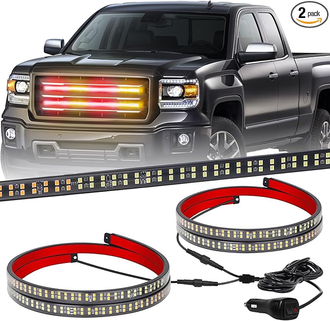 XRIDONSEN 2PCS 24 inch Amber Red Truck Emergency Grill Lights Strip 288 LED Grille Strobe Lights Flashing Warning Safety w/Waterproof Tube First Responder Lights for Firefighter Vehicles Fire Trucks