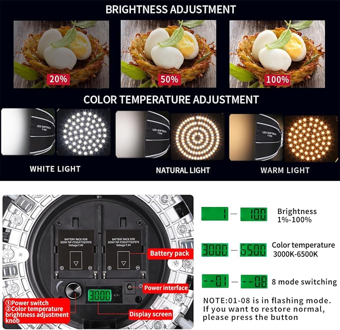 Octagonal Softbox LED Photography Light Kit with Rechargeable Battery for Continuous Lighting for Studio or Outdoor Portrait Product Photography, YouTube Video Recording