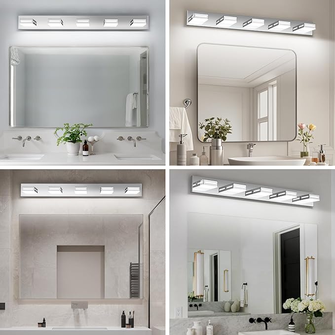 40-Inch 5-Light LED Modern Chrome Bathroom Vanity Light Fixtures Over Mirror, Bathroom Lighting Fixtures with Cool White 6000K, Rotatable Vanity Wall Lights for Bath Restroom Powder Room