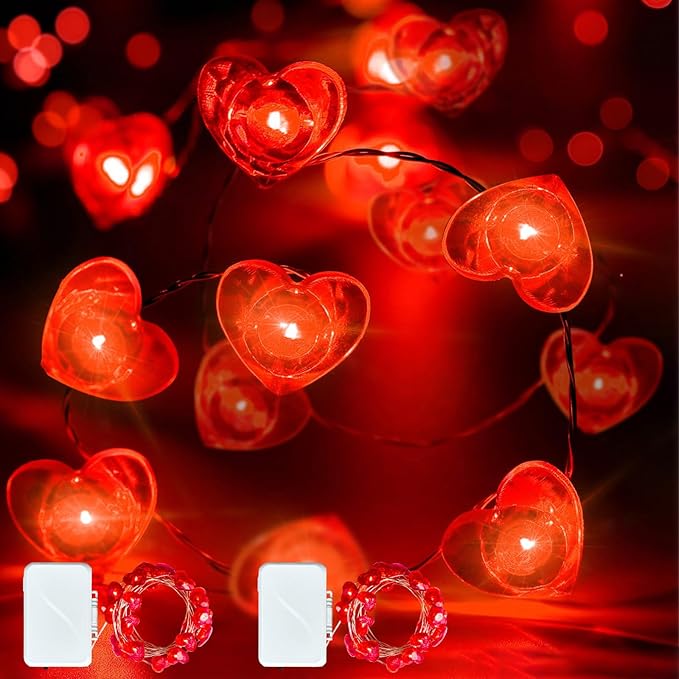 ZGWJ Valentines LED Fairy Lights, 2 Pack 50LED 16FT Red Heart String Lights Battery Operated,Waterproof Valentines Lights for Wedding Party,Mother's Day Decor Indoor Outdoor Decoration
