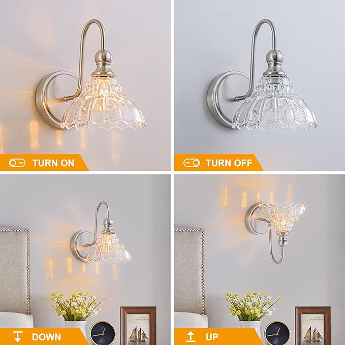 Vintage Bathroom Light Fixtures Over Mirror, 1-Light Brushed Nickel Wall Sconce Lighting with Flower Glass Shade, Farmhouse Vanity Lights for Bedroom Kitchen Living Room Hallway Light