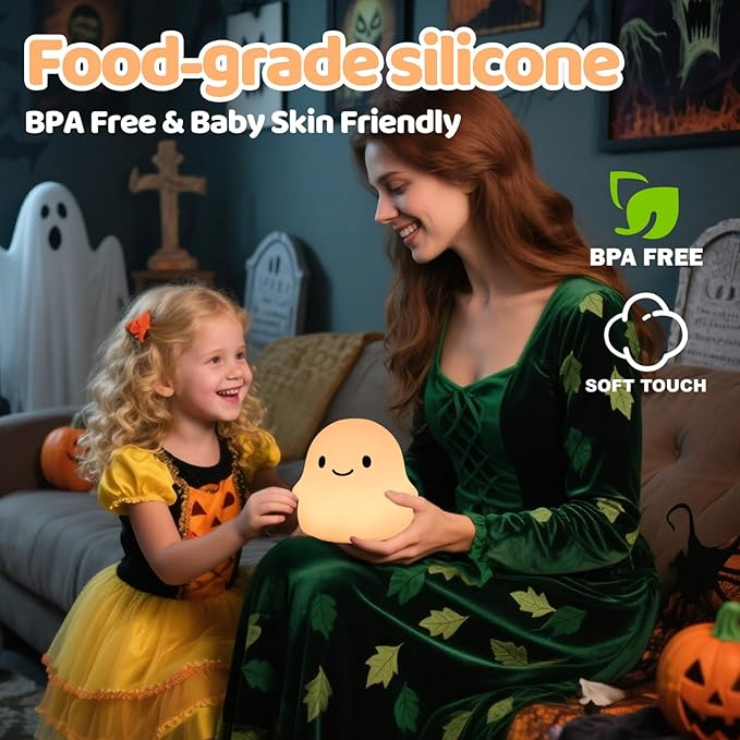 Halloween Ghost Night Light, Color-Changing & 50-Hour Battery, Spooky-Cute Squishy Lamp for Kids, USB Rechargeable with Timer, Halloween Decor & Gifts