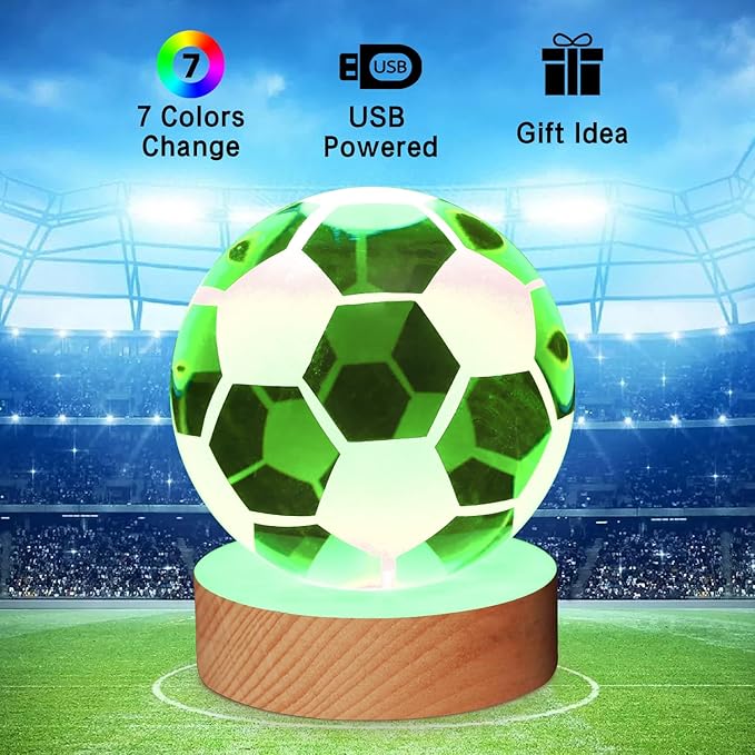 3D Soccer Crystal Ball Lamp,3.15inch Multi-Color Changing Bedroom Decor Night Lights,Christmas Birthday Gifts for Boys,Girls