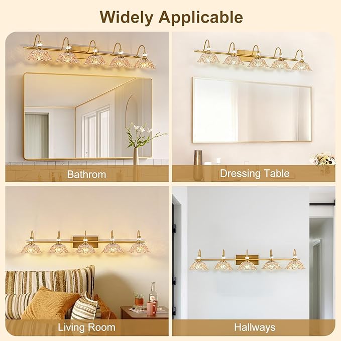 Vintage Bathroom Vanity Light, 5-Light Matte Brass Finish Vanity Light with Floral Amber Glass Shades, Retro Wall Mount Lighting for Bathroom, Living Room