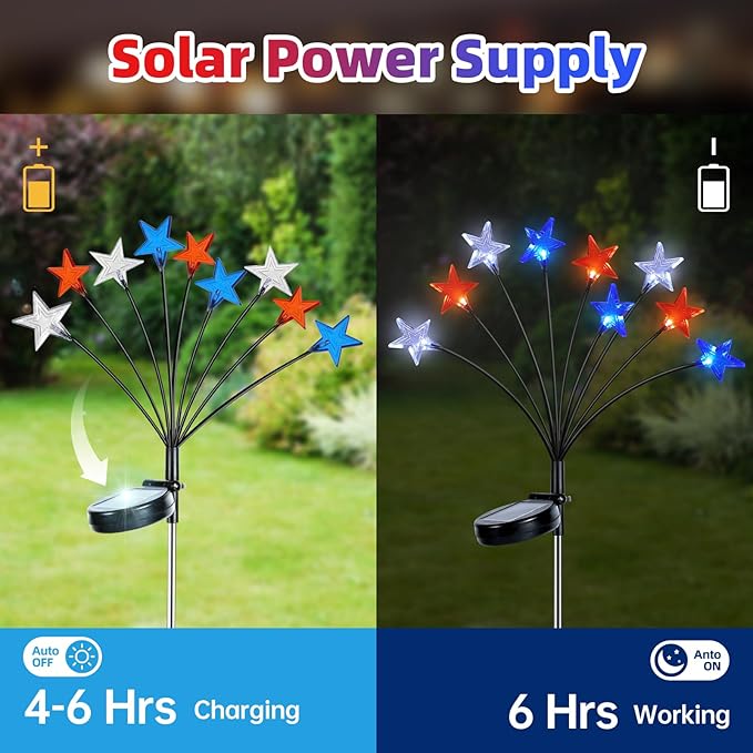 Lewondr 4th of July Decorations Solar Garden Lights, Fourth of July Red White and Blue Star Solar Lights Outdoor, Waterproof Patriotic Decor with 9 LED 2 Lighting Modes for Independence Day, 4 Pack