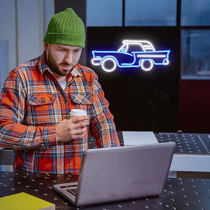 Car neon sign, Blue + White Led Signs USB Powered,For Bedroom Salon Bar Gym Garage Carpark Decor, Retro Car Led neon light sign(17.1x7.3in)