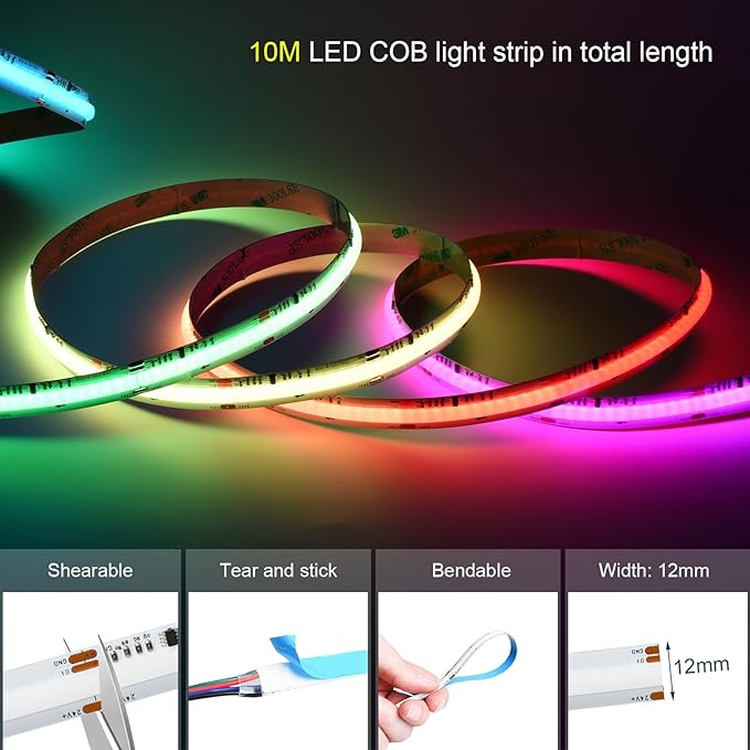 INDARUN 24V RGB Smart IC COB Led Strip Light 16.4ft/5M, 720LEDs/M 12mm Width, Christmas Light, Color Chasing Addressable Flexible Led Tape Light for TV Backlight(Without Controller&Adapter)