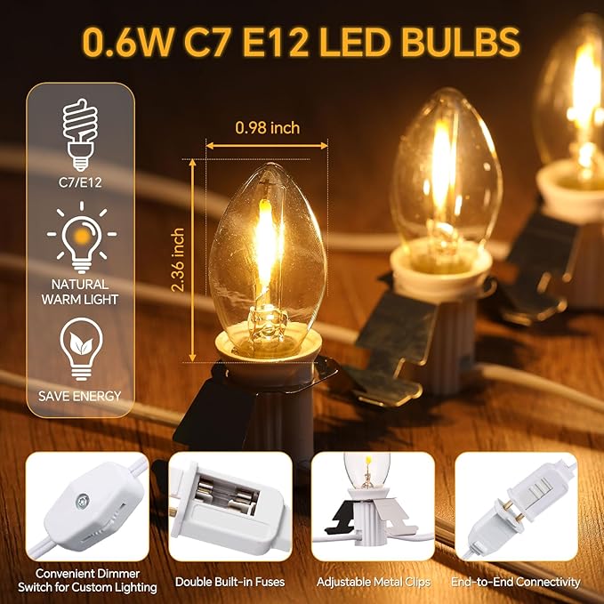 Meonum 4 Pack Accessory Cord with 6 LED Light Bulbs 13.1 FT Lamp White Cord C7 Bulb String Lights End-to-End Connectable On/Off Switch Plugs for Christmas Village Craft Halloween Ceramic Decor ()