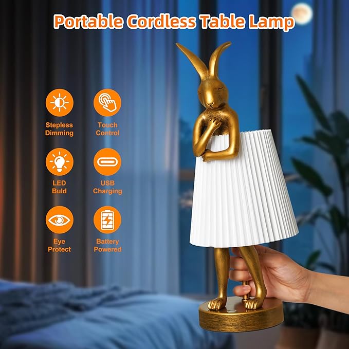 Bunny Cordless Table Lamp with 5000mAh Battery,Rechargeable Resin Rabbit Lamp with Pleated Shade Stepless Dimmable LED Small Cute Animal Light for Kids Room Home Decor Adult Gift(White)