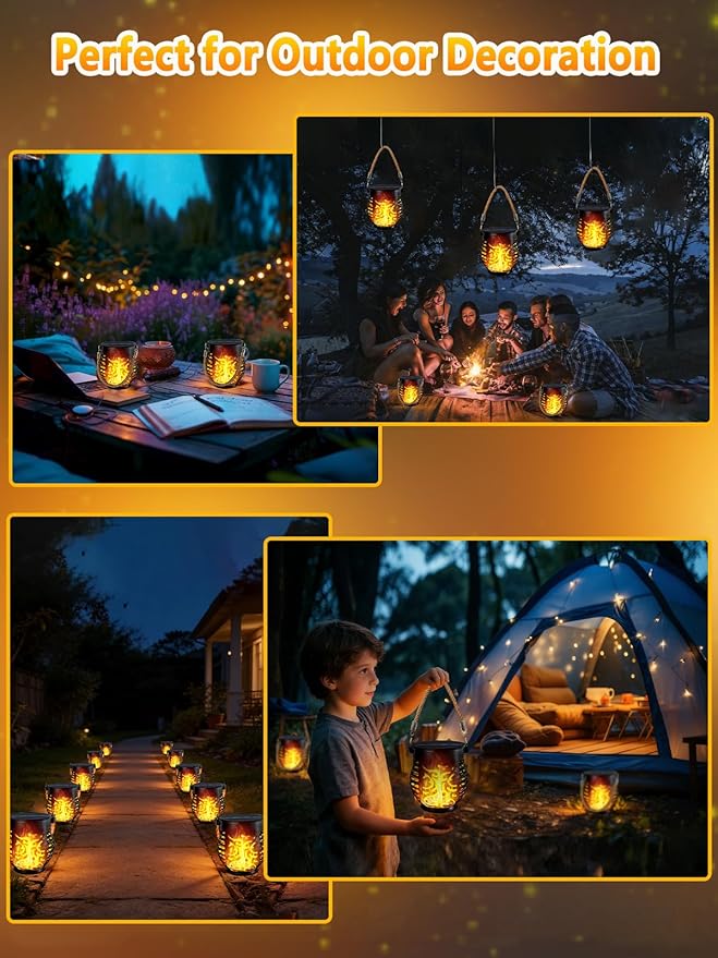 1 Pack Solar Lights Outdoor Waterproof, Solar Lantern with Realistic Flickering Flame, Auto On/Off Solar Powered Garden Light with Hemp Rope Handle for Outside Tree Patio Porch Tabletop Decorations