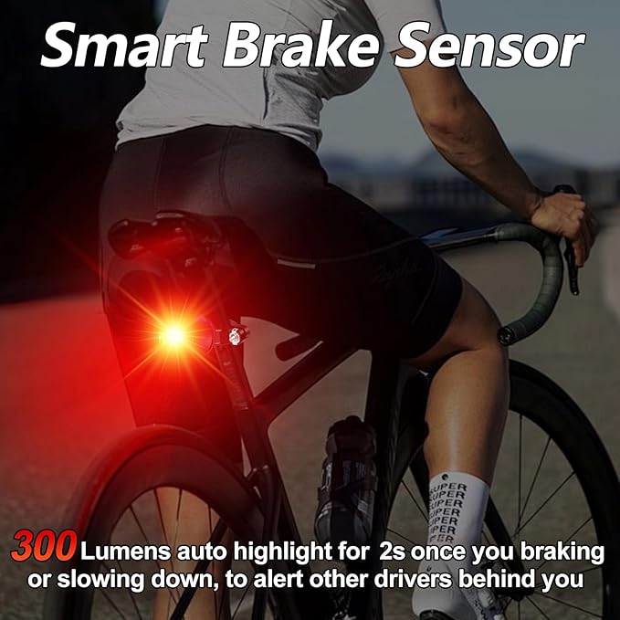 Cruxer Ultra Bright Bike Tail Light 200 Lumen Compact Bicycle Rear Light, USB-C Rechargeable, Smart Brake Sensing up to 300 Lumen, 8 Light Intensity Levels, 4 Lighting Modes, IP66 Waterproof
