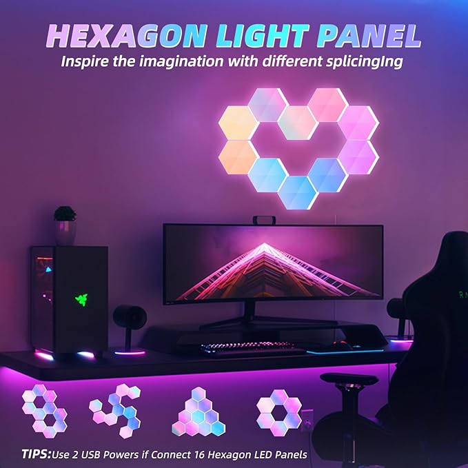Smart Hexagon Lights DIY Hexagon Led Light App & Remote Controlled & Music Sync Features USB & Type C Modern RGB Wall Panels for Living & Gaming Decor (6Pack)