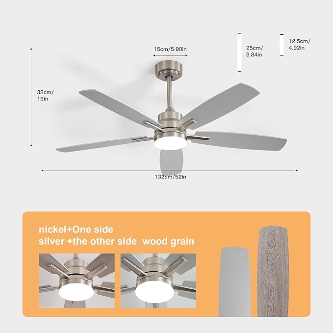 52" Remote Control Ceiling Fan with Light – 6-Speed Quiet DC Motor, Dimmable 3-Color LED, Flush Mount for Bedroom, Living Room, Dining Room,NICKEL